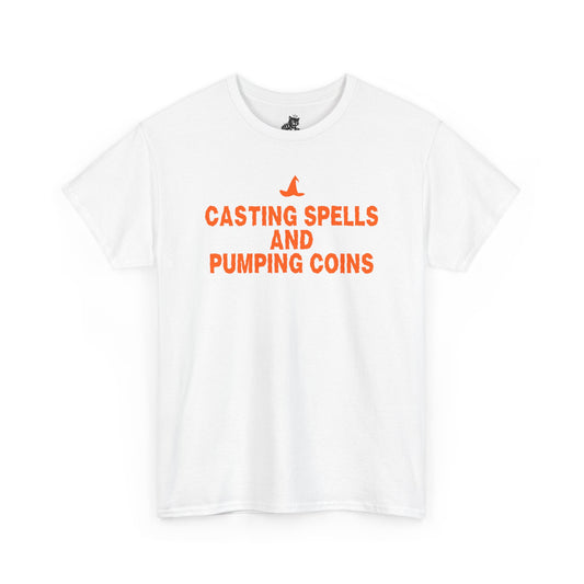Casting Spells and Pumping Coins Graphic Tee - Crypto Halloween Witch T-Shirt