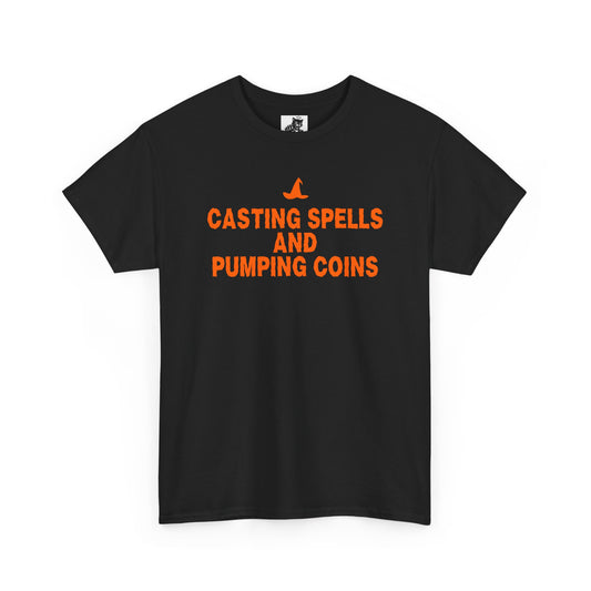 Casting Spells and Pumping Coins Graphic Tee - Crypto Halloween Witch T-Shirt
