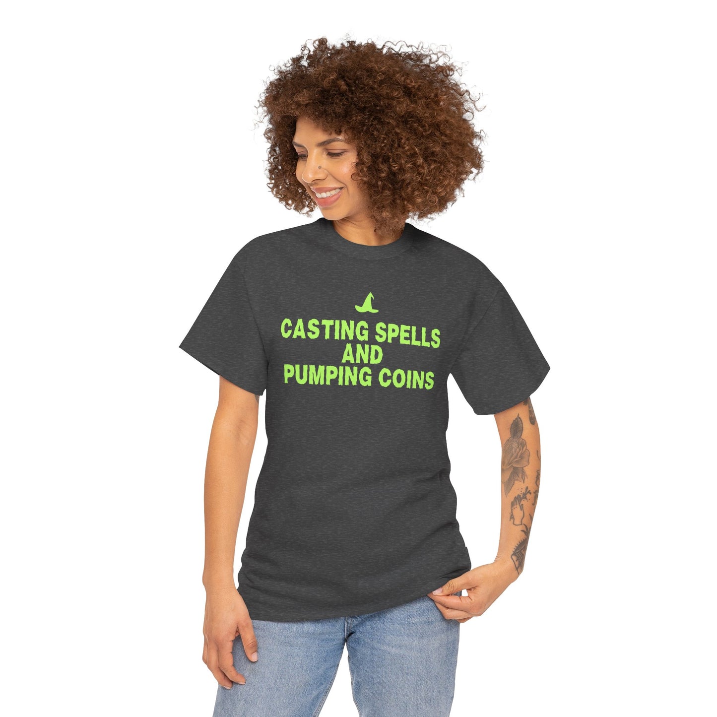 Casting Spells and Pumping Coins (Version 2) Graphic Tee - Crypto Halloween Witch T-Shirt