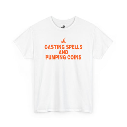 Casting Spells and Pumping Coins Graphic Tee - Crypto Halloween Witch T-Shirt