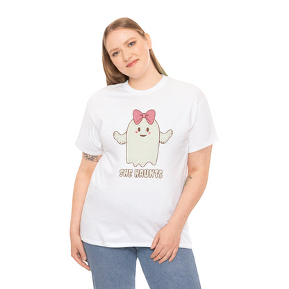 She Haunts (Version 4) - Cute Halloween Ghost T-Shirt