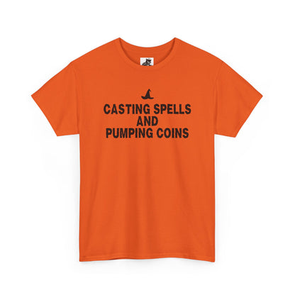 Casting Spells and Pumping Coins Graphic Tee - Crypto Halloween Witch T-Shirt