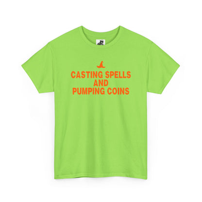 Casting Spells and Pumping Coins Graphic Tee - Crypto Halloween Witch T-Shirt
