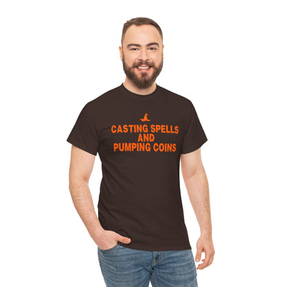 Casting Spells and Pumping Coins Graphic Tee - Crypto Halloween Witch T-Shirt