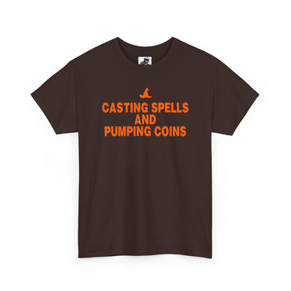 Casting Spells and Pumping Coins Graphic Tee - Crypto Halloween Witch T-Shirt